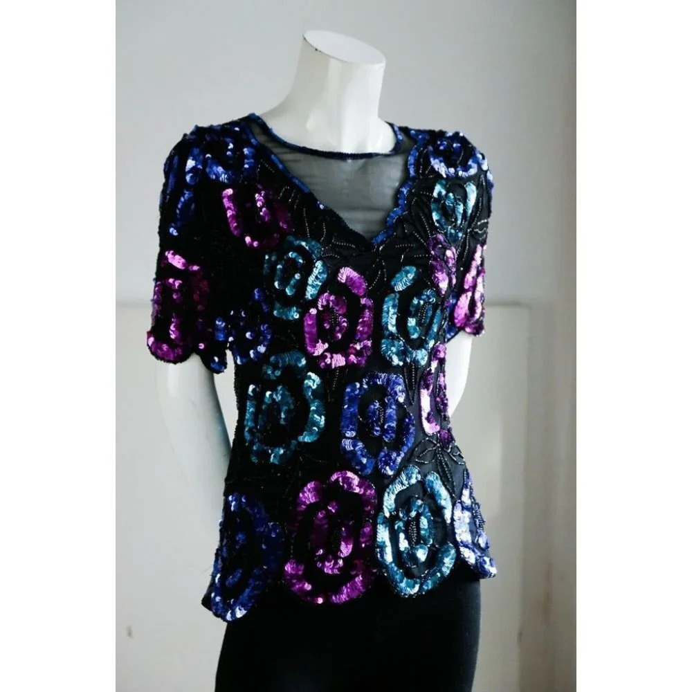 Vintage Leslie Fay Evening Silk Sequin Beaded Teal Pink  Sparkly Top S - Picture 4 of 7
